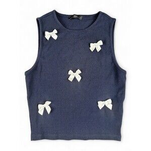 Pigalle Navy Ribbed Tank Top with‎ Satin Bows S